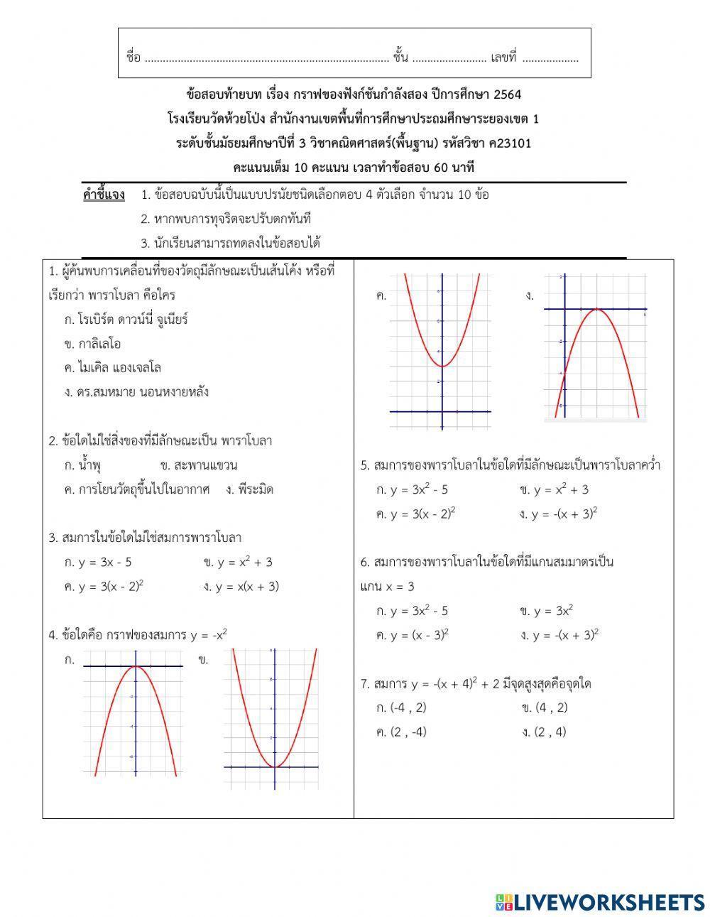 ข้อสอบท้ายบทที่ 5 กราฟของฟังก์ชันกำลังสอง
