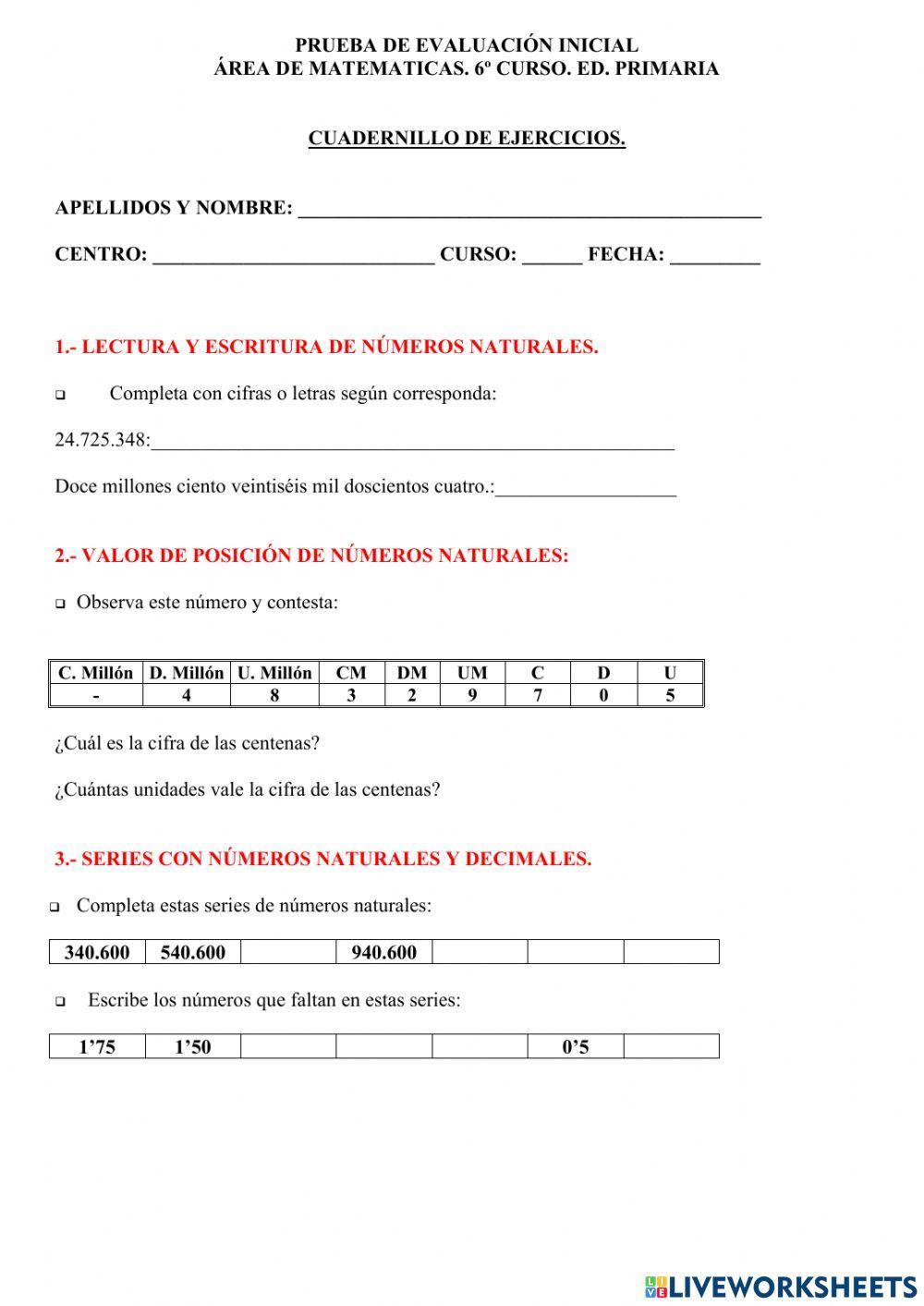 Prueba de evaluación inicial 6º ep