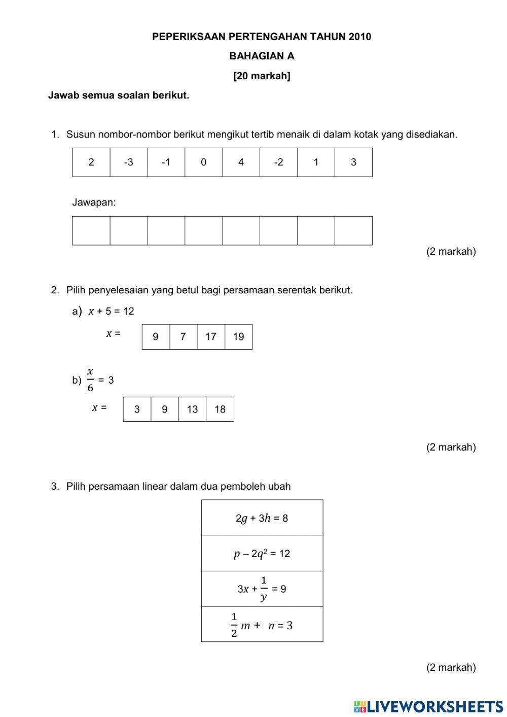 Peperiksaan pertengahan tahun tingkatan lima matematik mpak tahun 2021