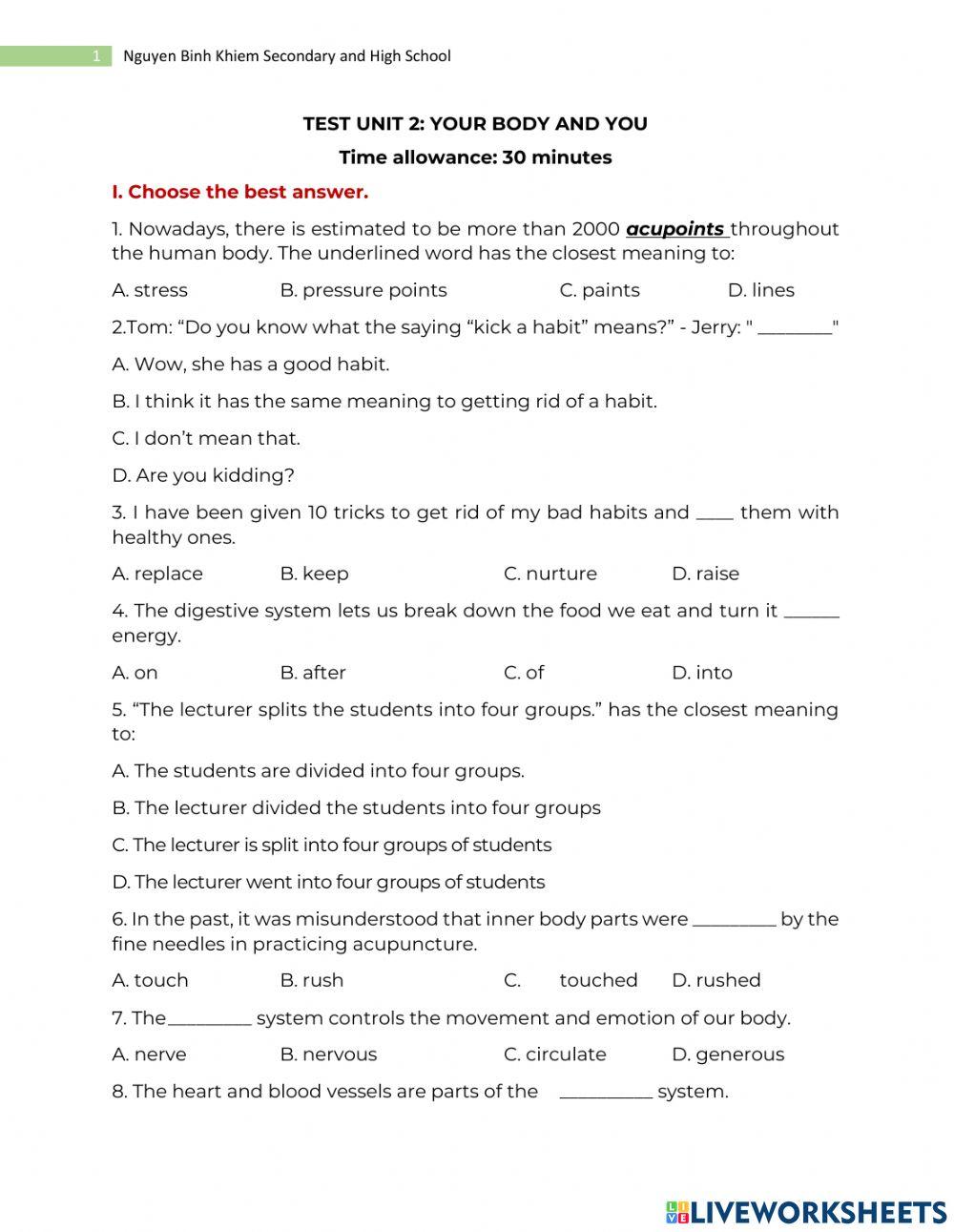 Unit 2: Your body and you