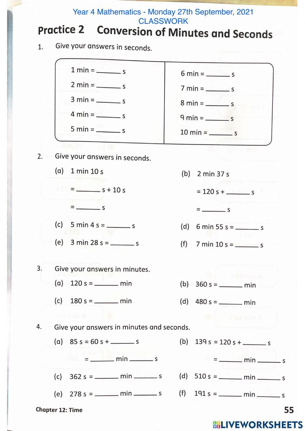 Year 4 Mathematics : Time - Converting seconds and minutes