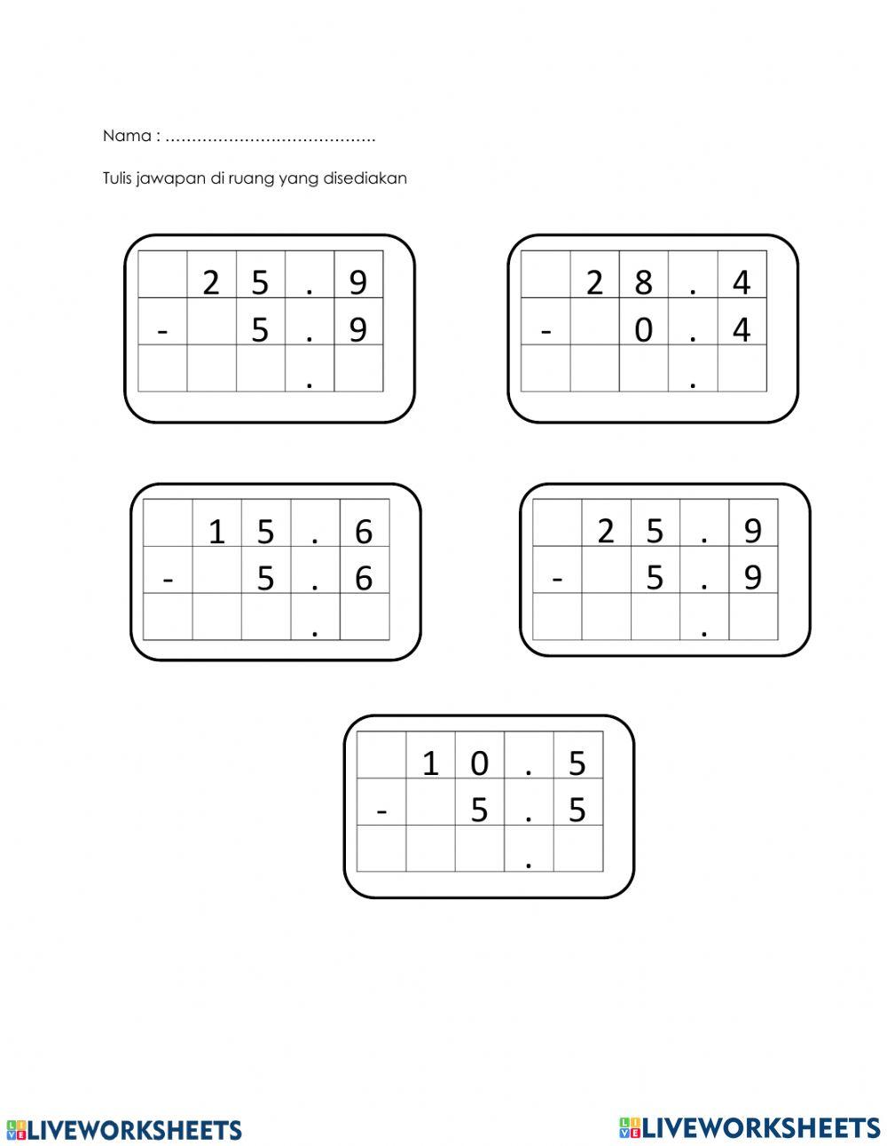 Operasi Tolak Nombor Perpuluhan