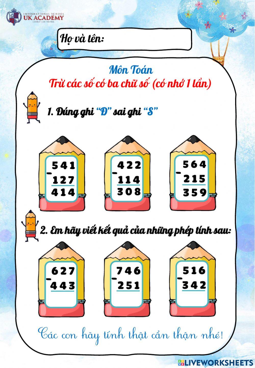 Trừ các số có ba chữ số (có nhớ 1 lần)