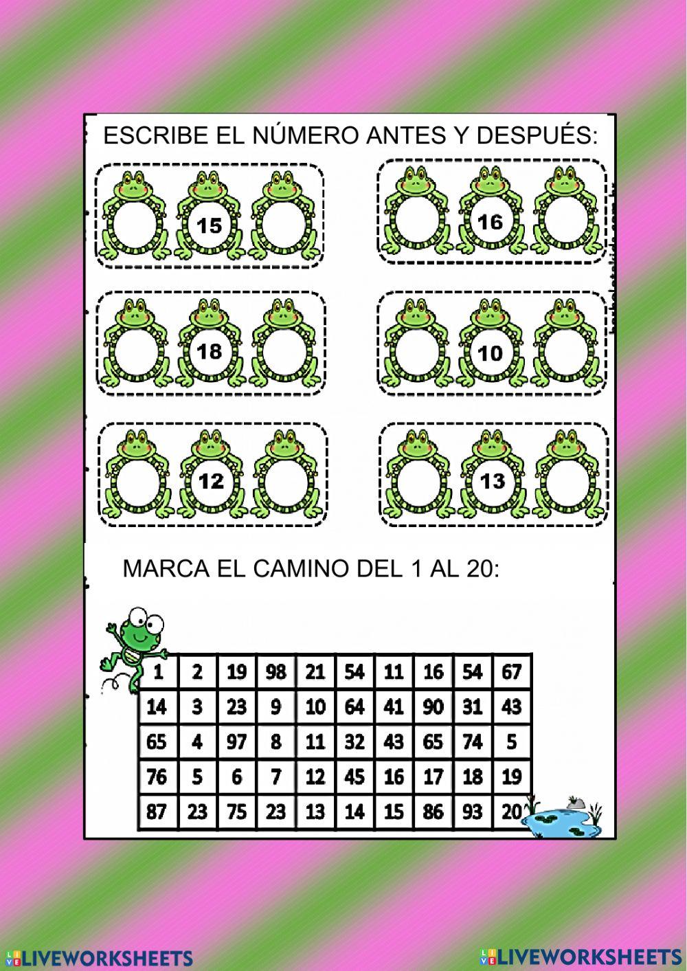 Numeración antes y después. Del 1 al 20
