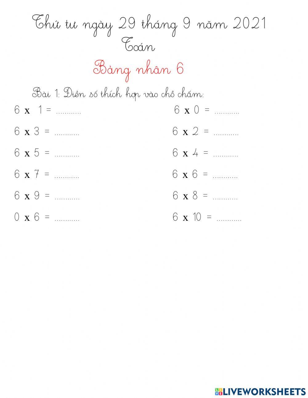 Toán Bảng nhân 6