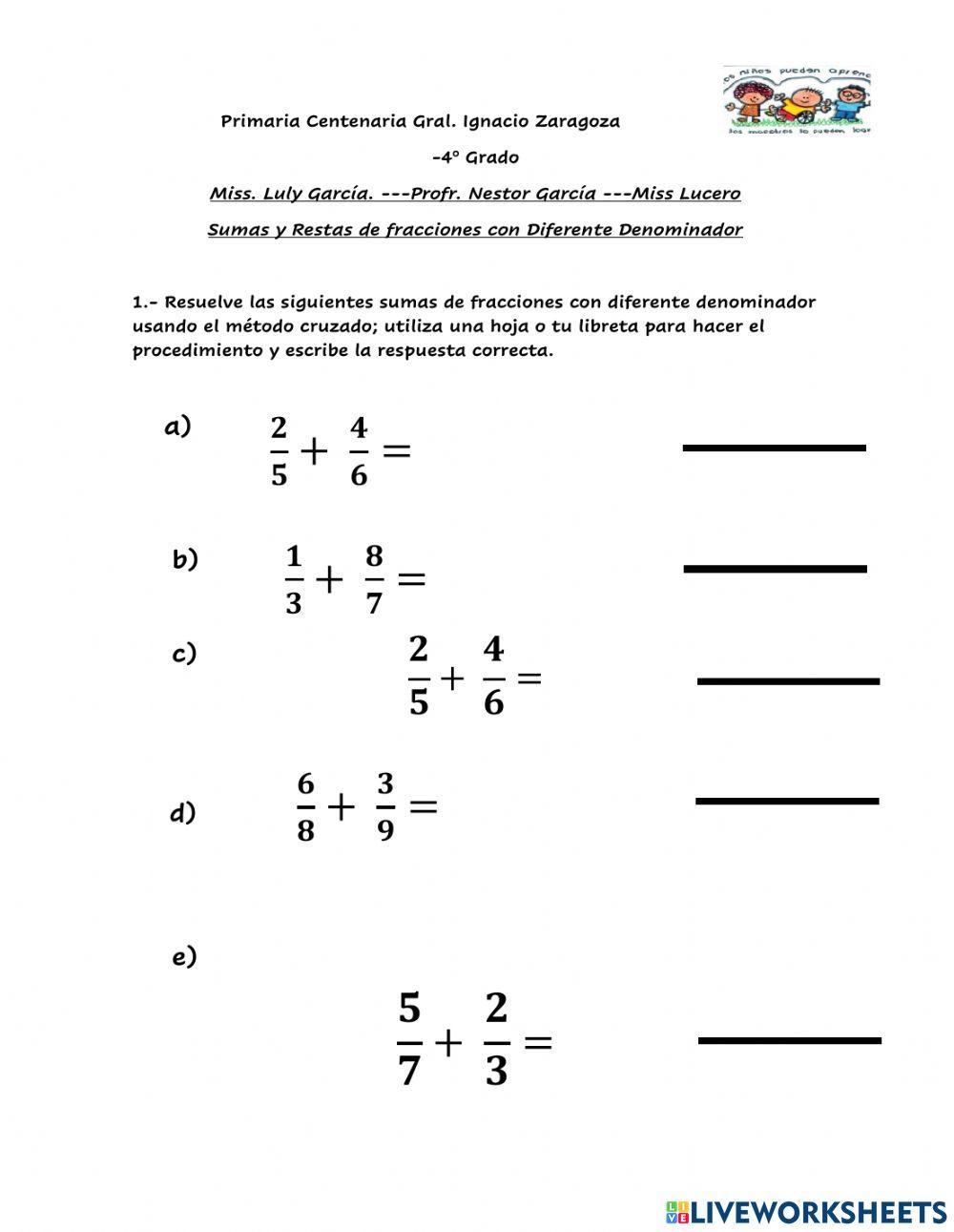 Sumas y Restas de Fracciones con Diferente Denominador