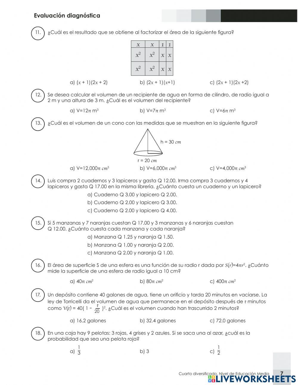 Prueba Diagnostica Matemáticas