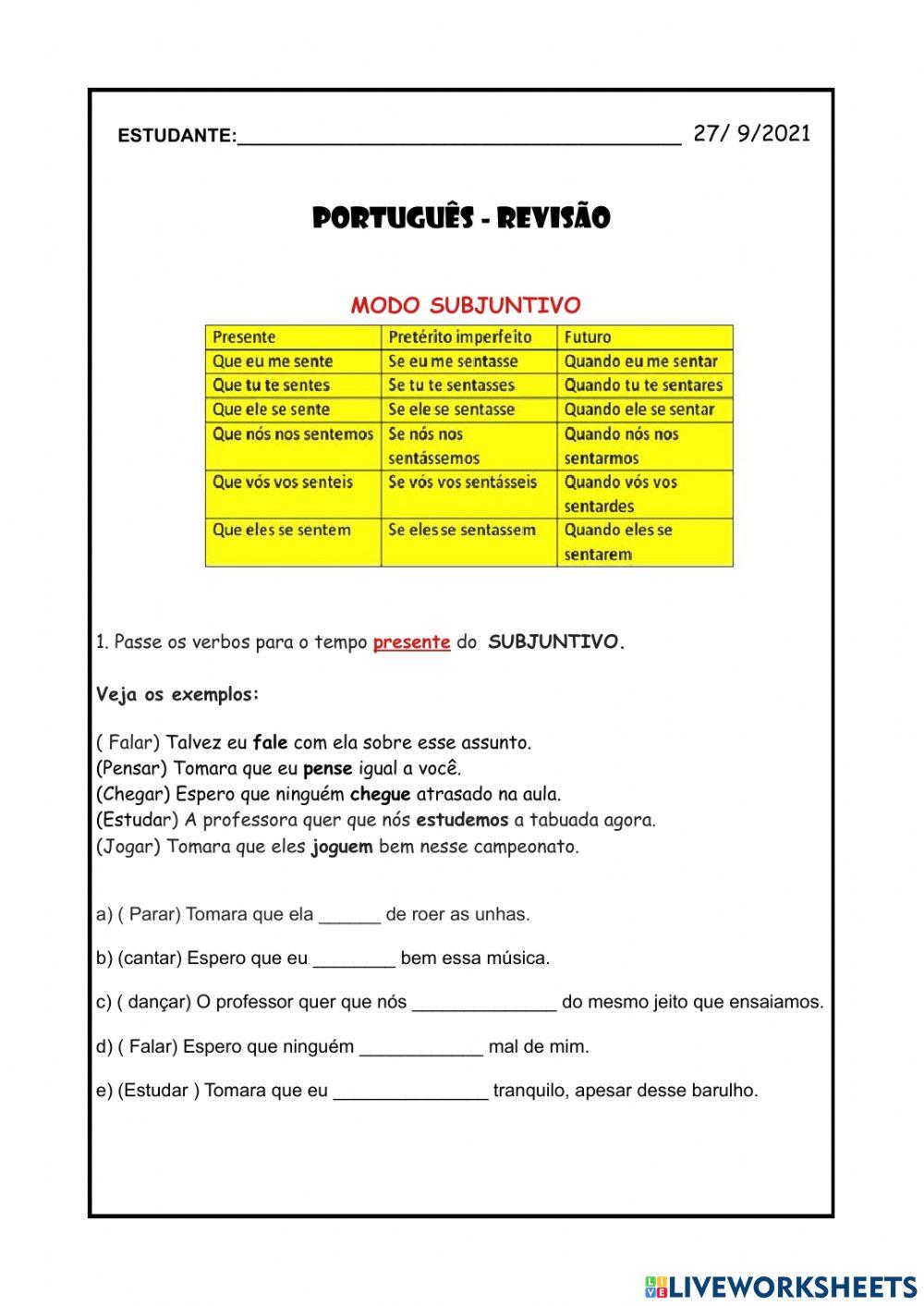 Revisão de Português- Tipos de sujeito- modos verbais-concordância nominal e verbal
