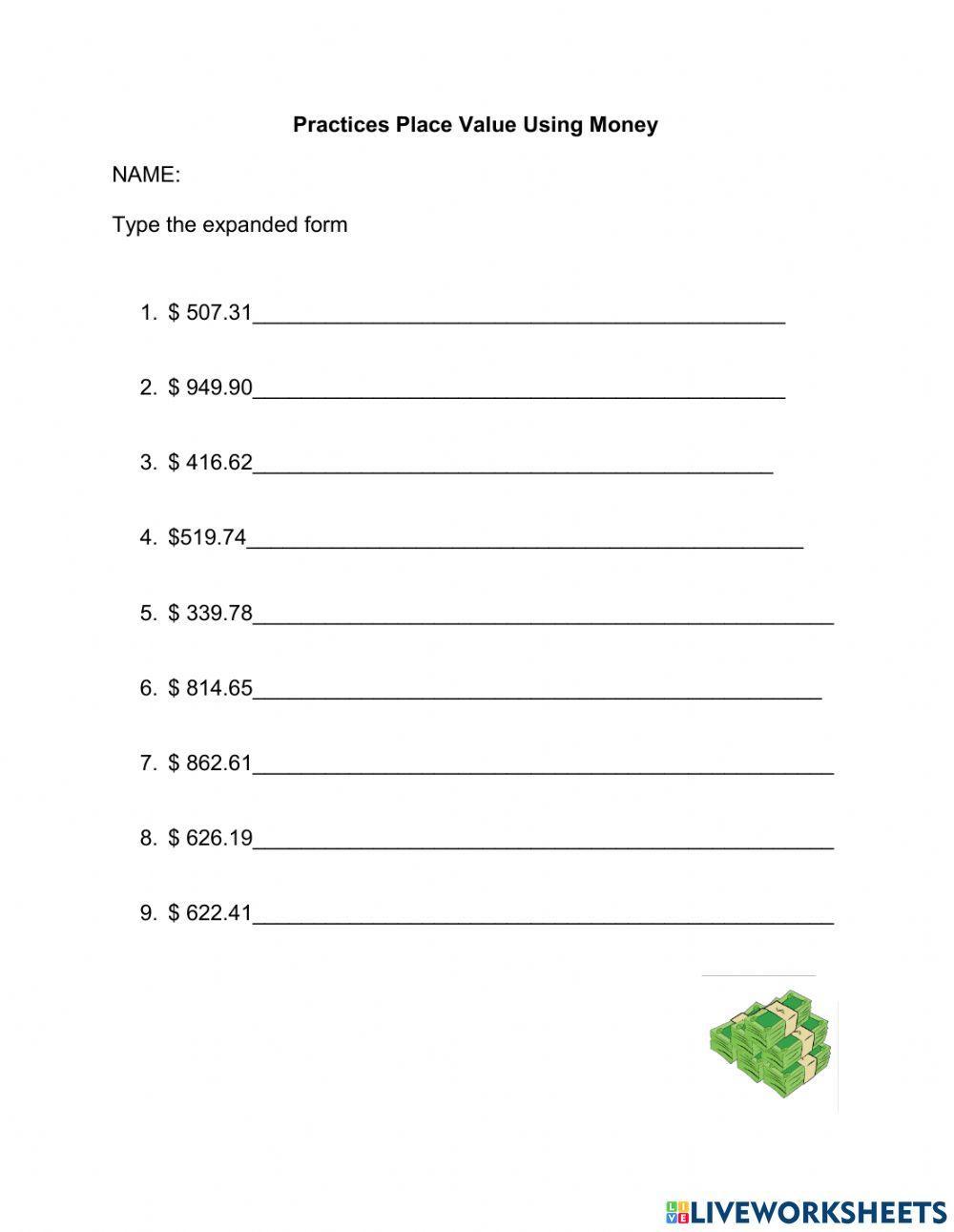 Practices Place Value Using Money