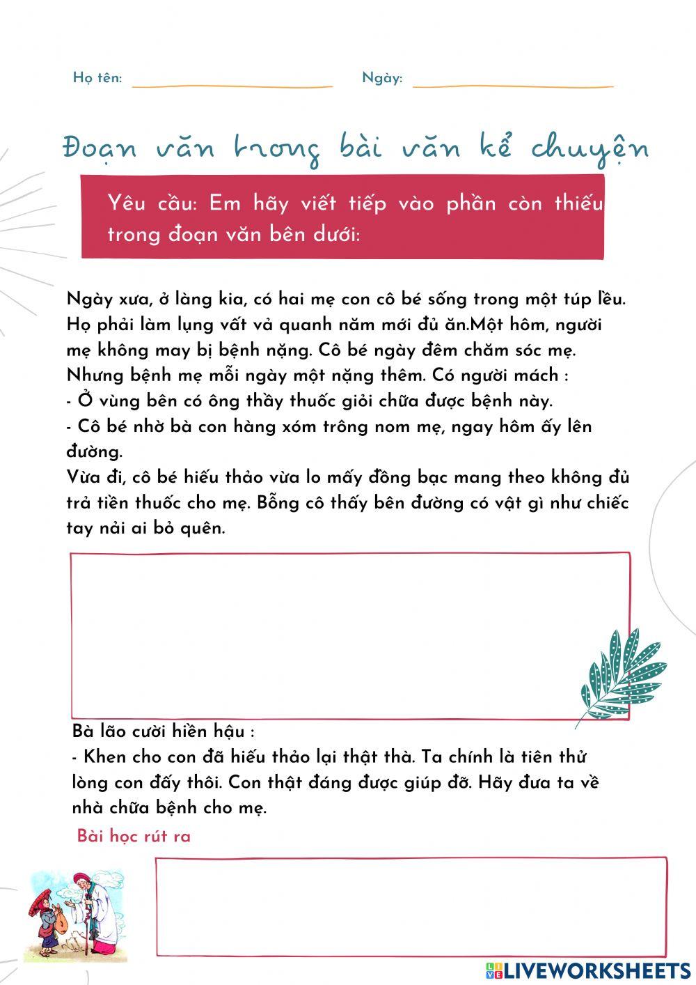 Đoạn văn trong bài văn kể chuyện