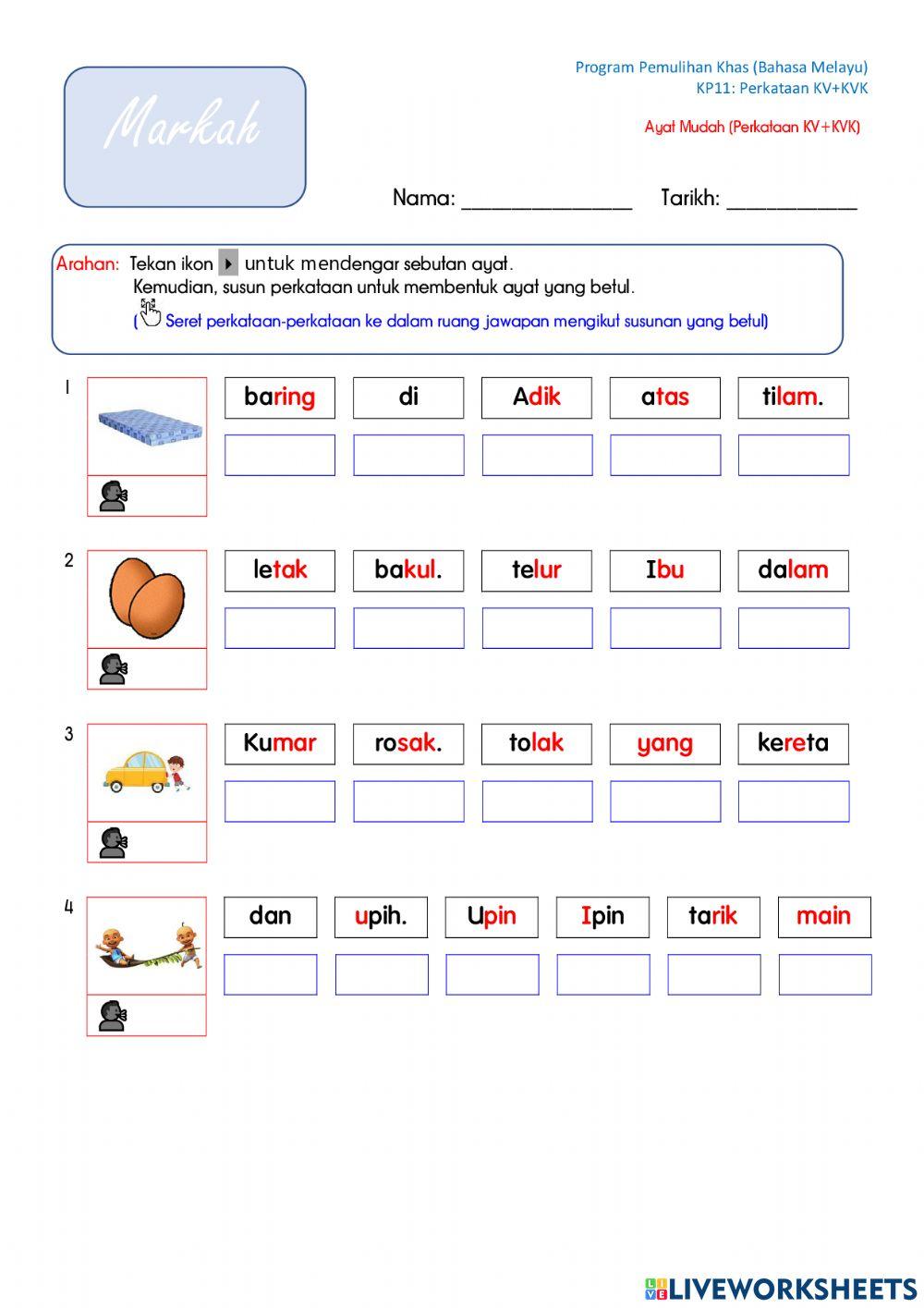 Perkataan KV+KVK (Ayat Mudah)