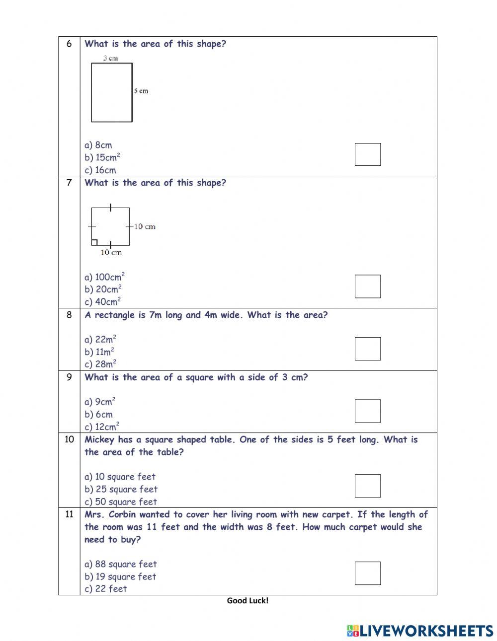 Area of Rectangles and Squares