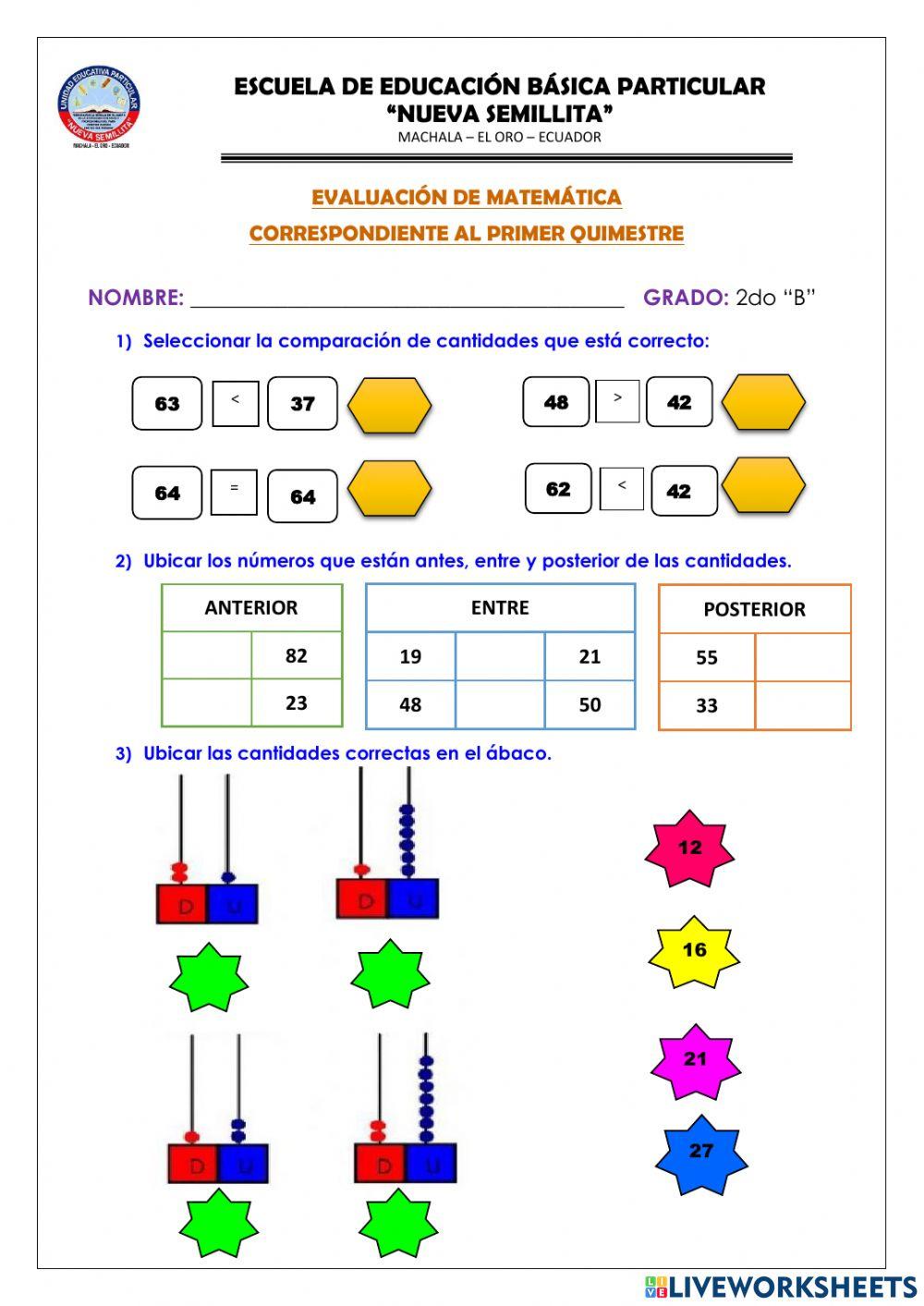 Evaluación quimestral de matemática