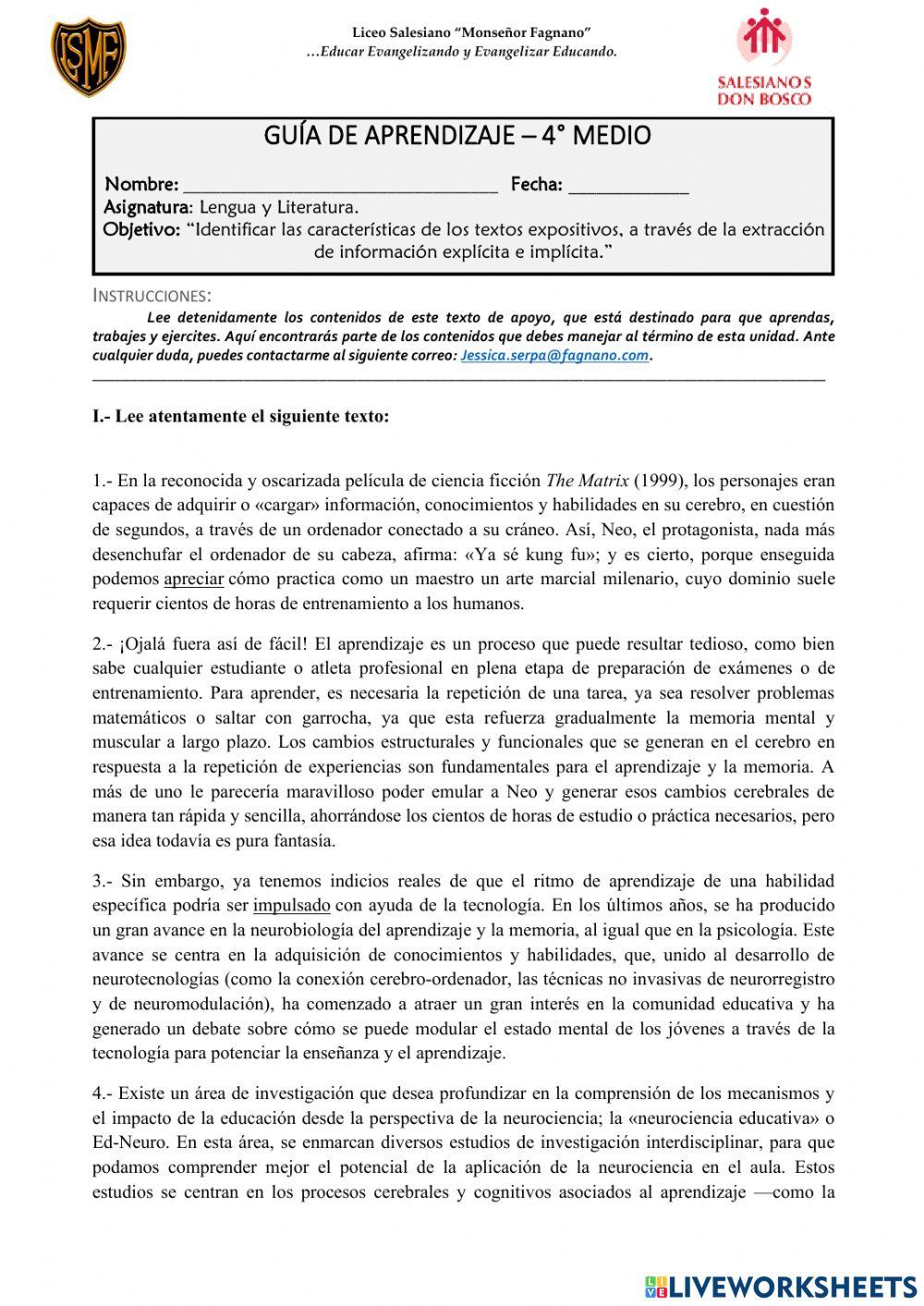 Guía de aprendizaje - cuarto medio