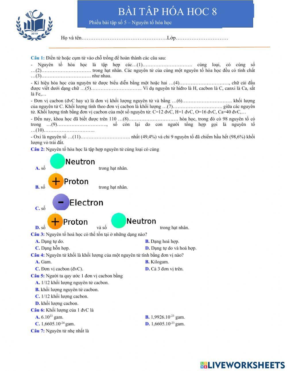 Phiếu bài tập 5 - Hóa học 8