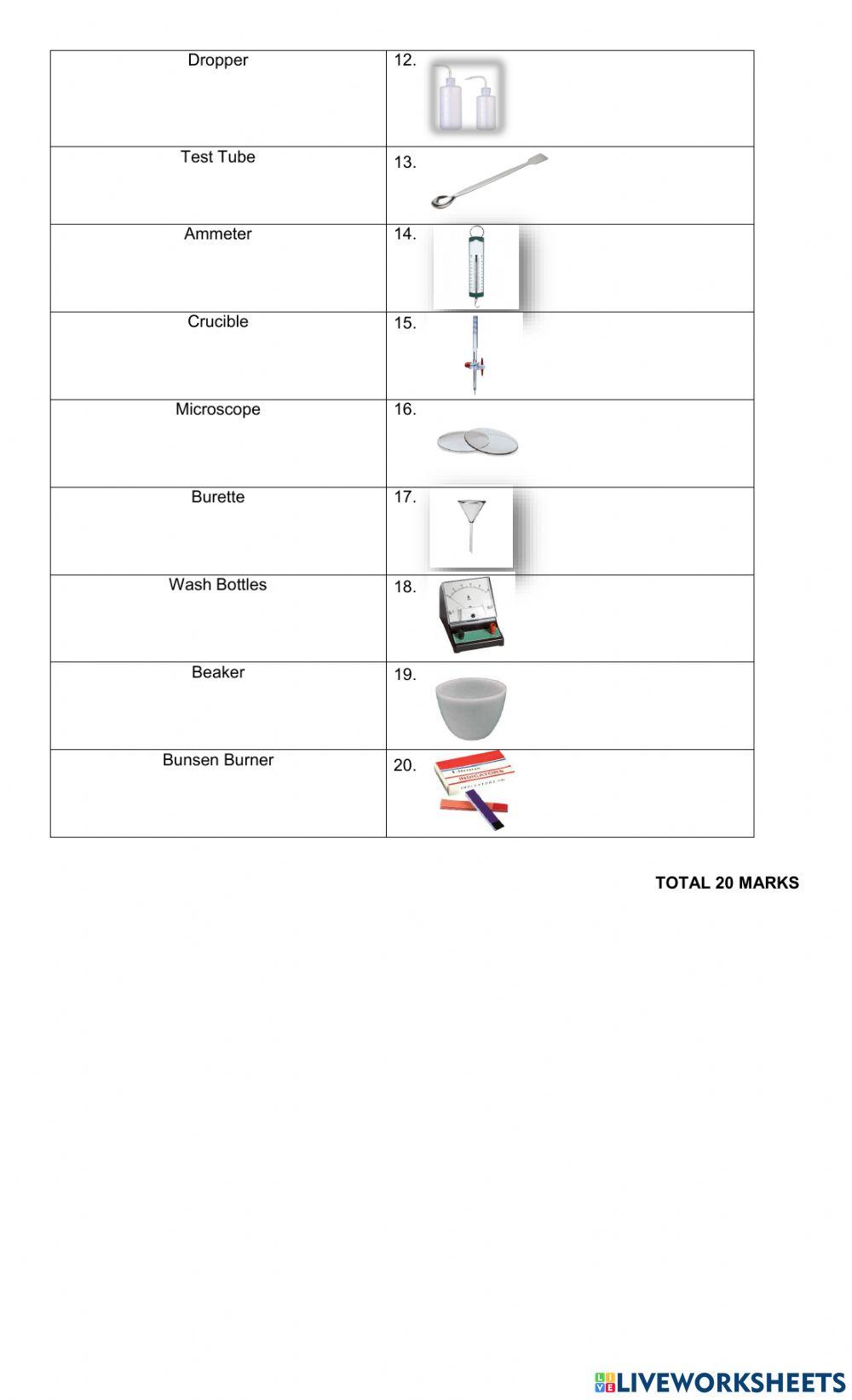 Common Apparatus used in a science lab - Matching Worksheet
