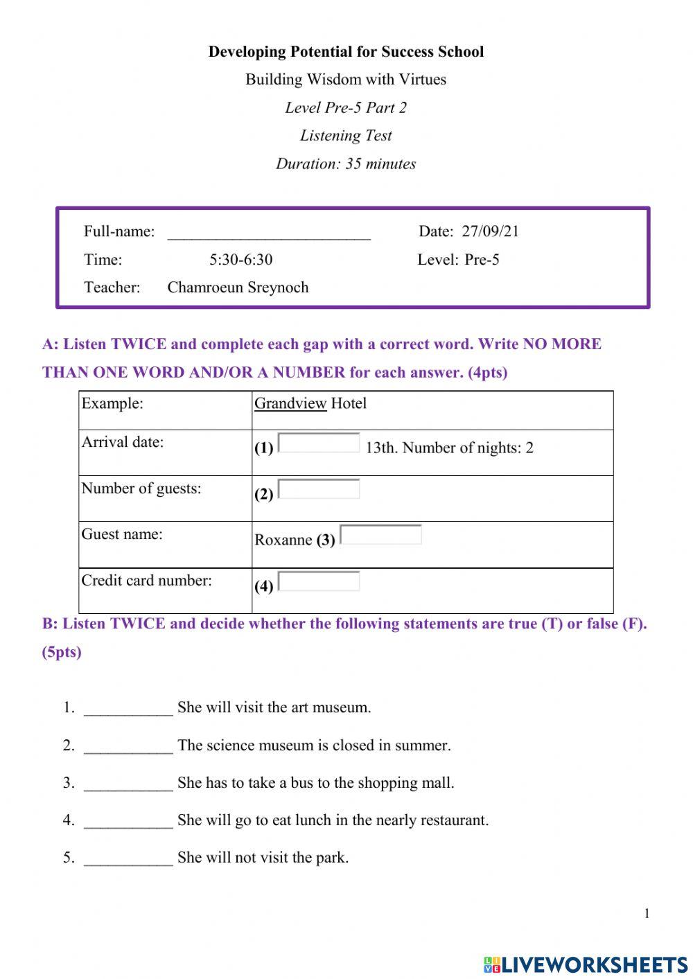 Pre-5 Mid-Term Listening Test