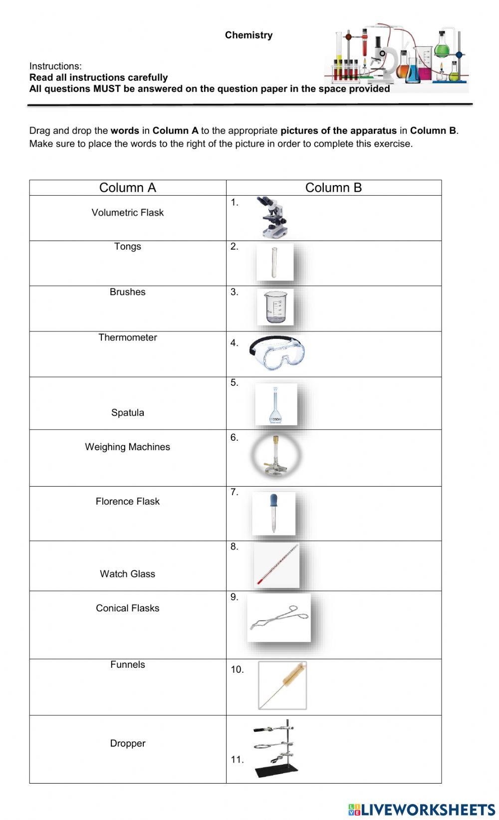 Common Apparatus used in a Chemistry Lab - Matching Worksheet worksheet | Live Worksheets common-apparatus-used-in-a-chemistry-lab-matching-worksheet-worksheet-live-worksheets