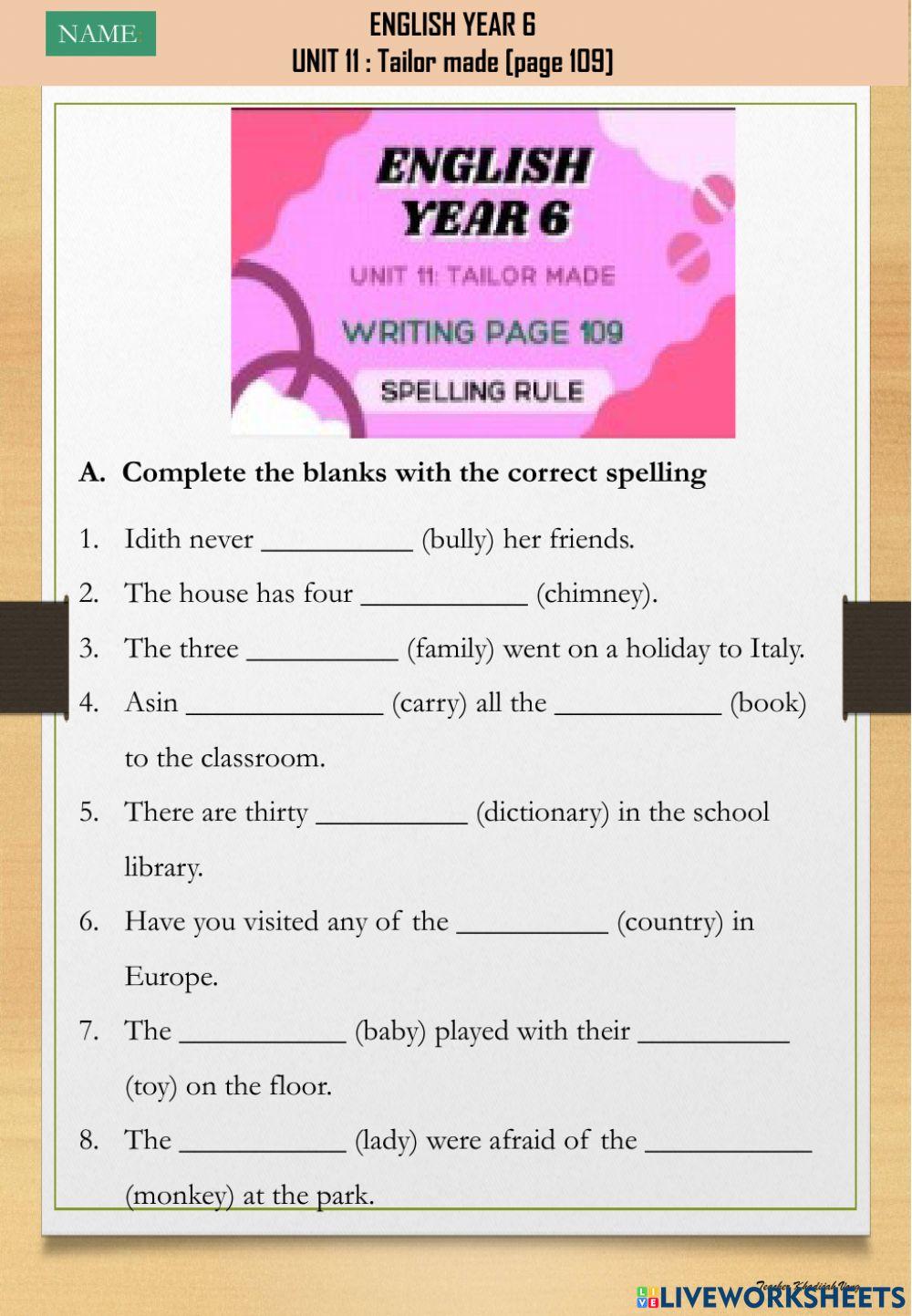 English year 6 exercise for YEAR 6 Live Worksheets