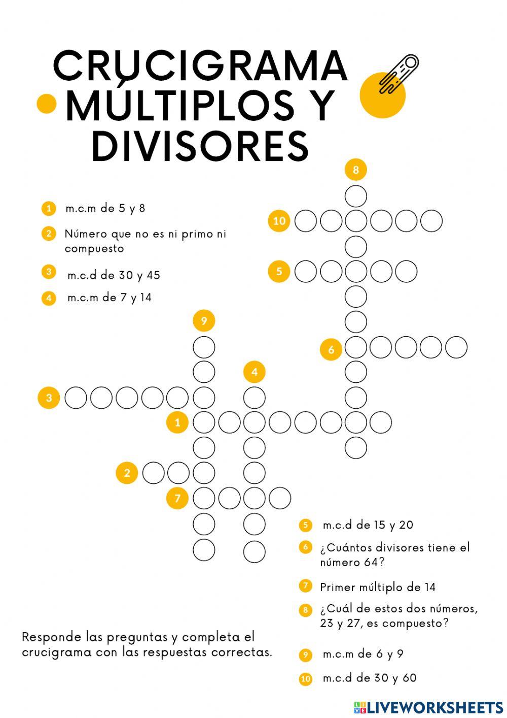 Crucigrama múltiplos y divisores