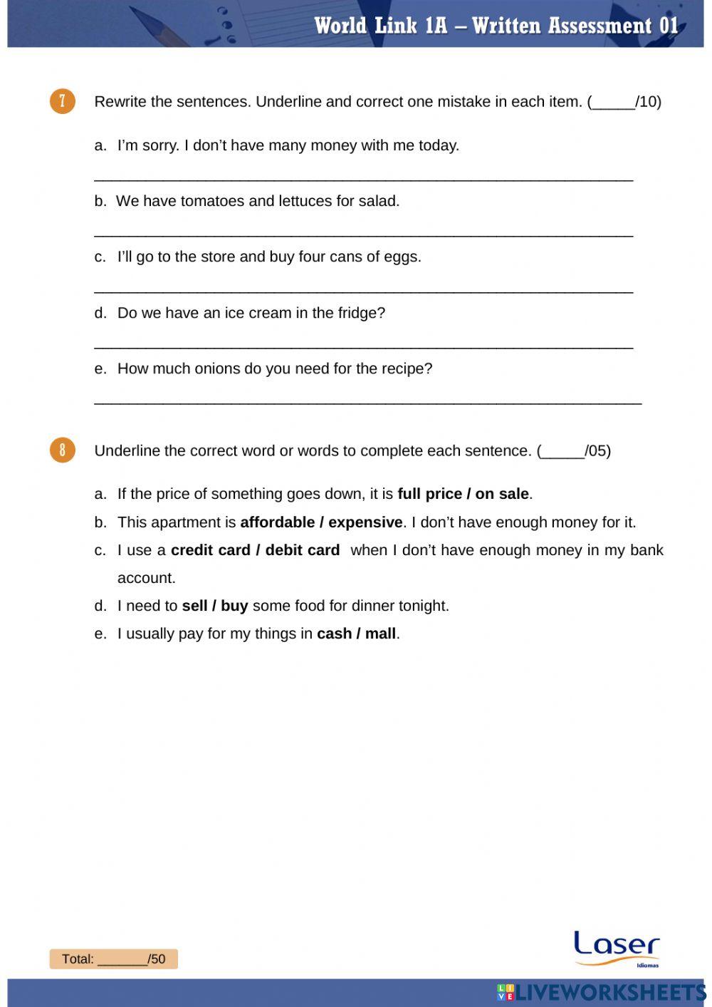 World Link 1 - Part A - Evaluation Exercises for Units 1 to 3