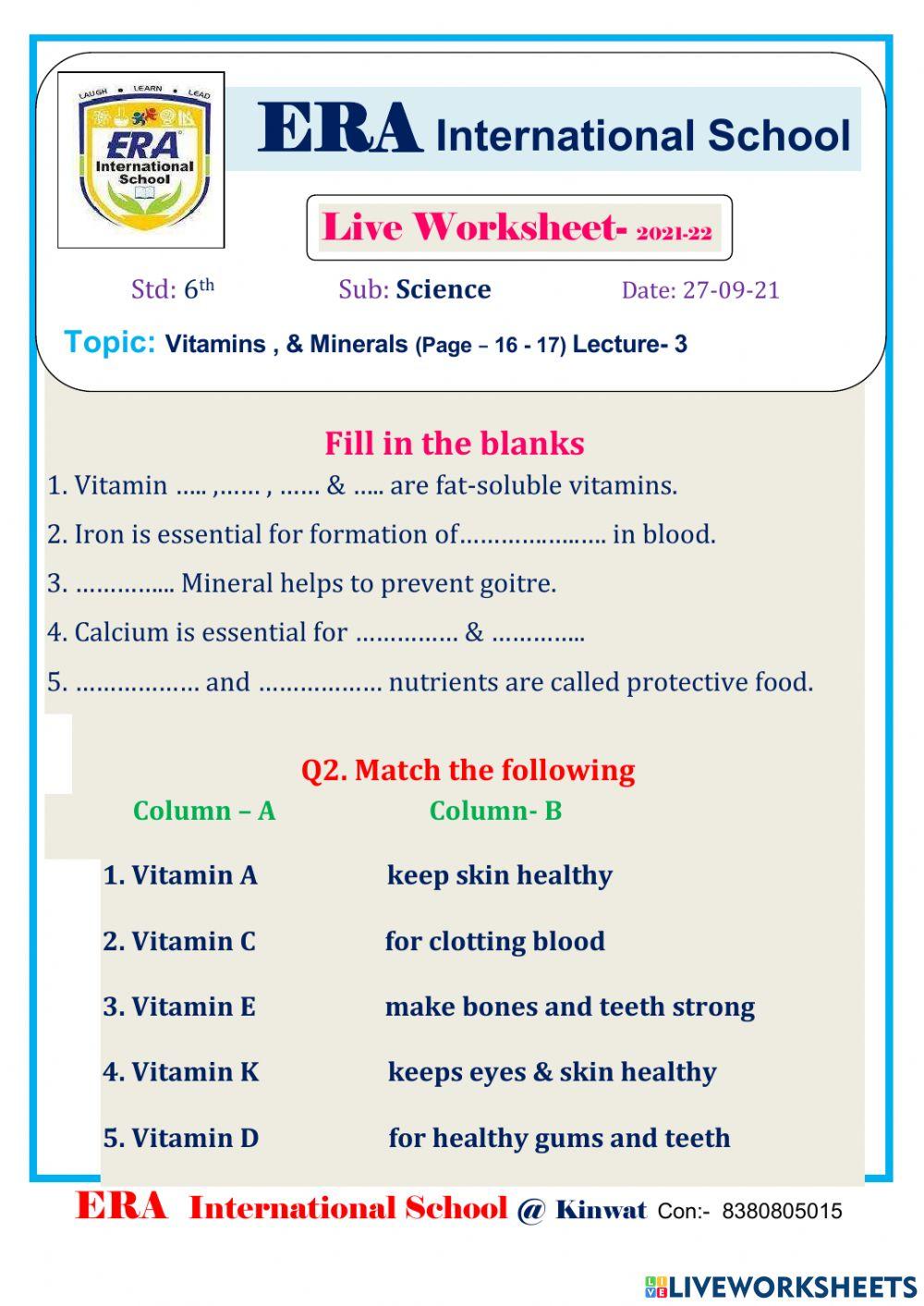 Vitamins , & Minerals (Page – 16 - 17) Lecture- 3