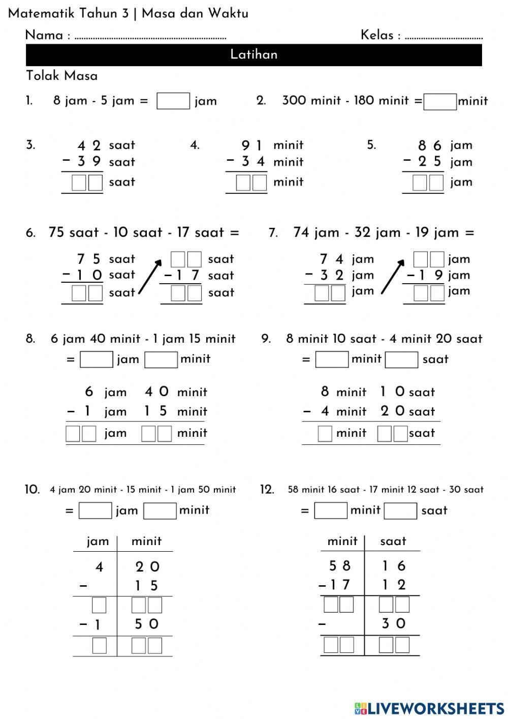 Matematik Tahun 3 - Tolak Masa