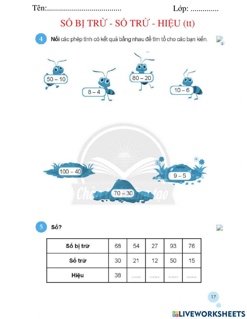 Số bị trừ - Số trừ - Hiệu (tt)