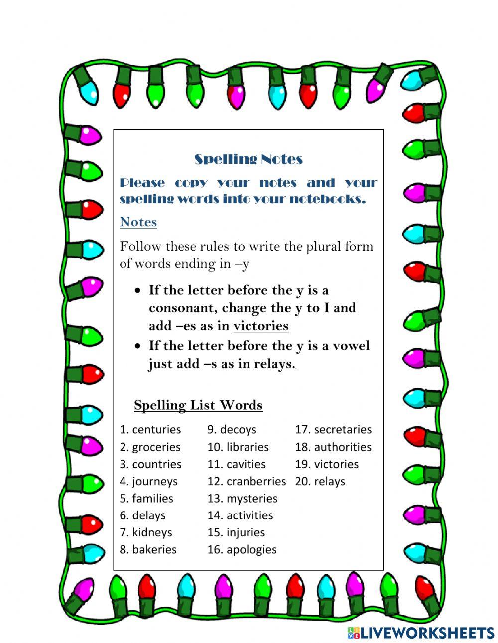 Plural Spelling Words worksheet | Live Worksheets