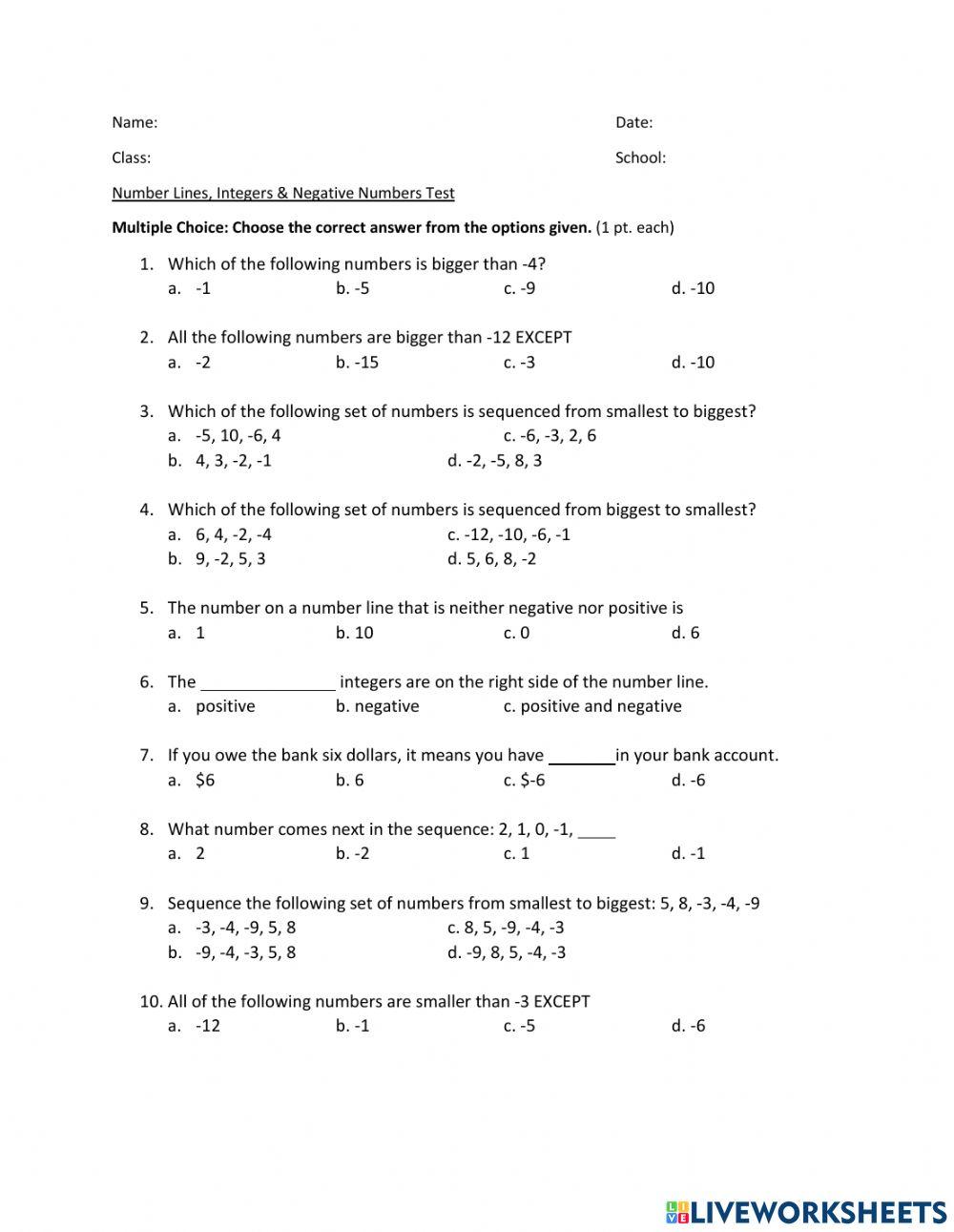 Number Lines, Integers, Negative Numbers