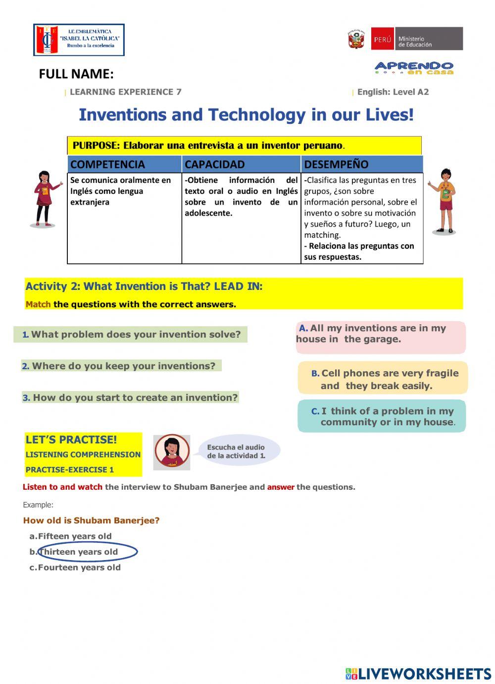 Activity 2 of inventions and Technology in our lives.