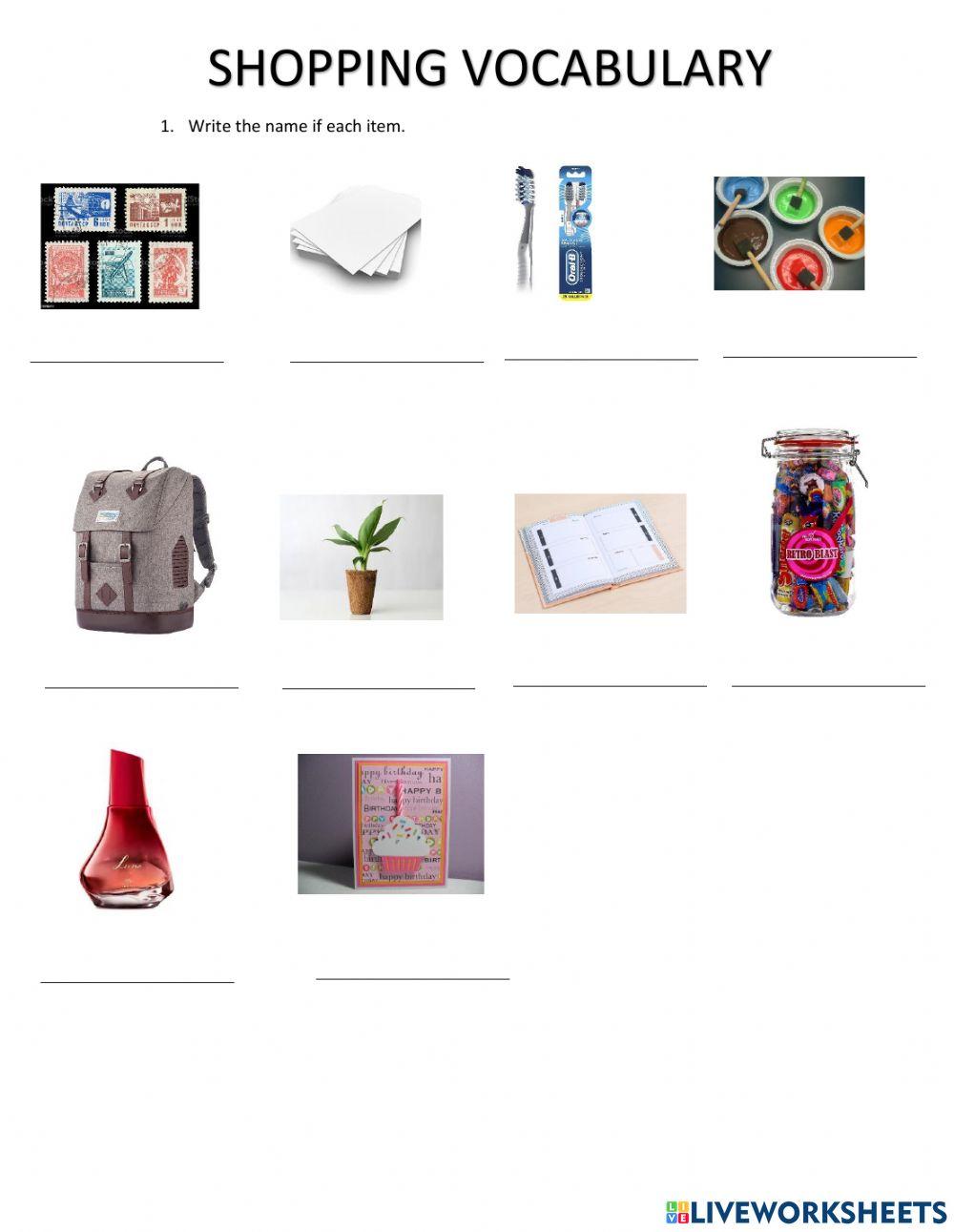 Shoppping list vocabulary