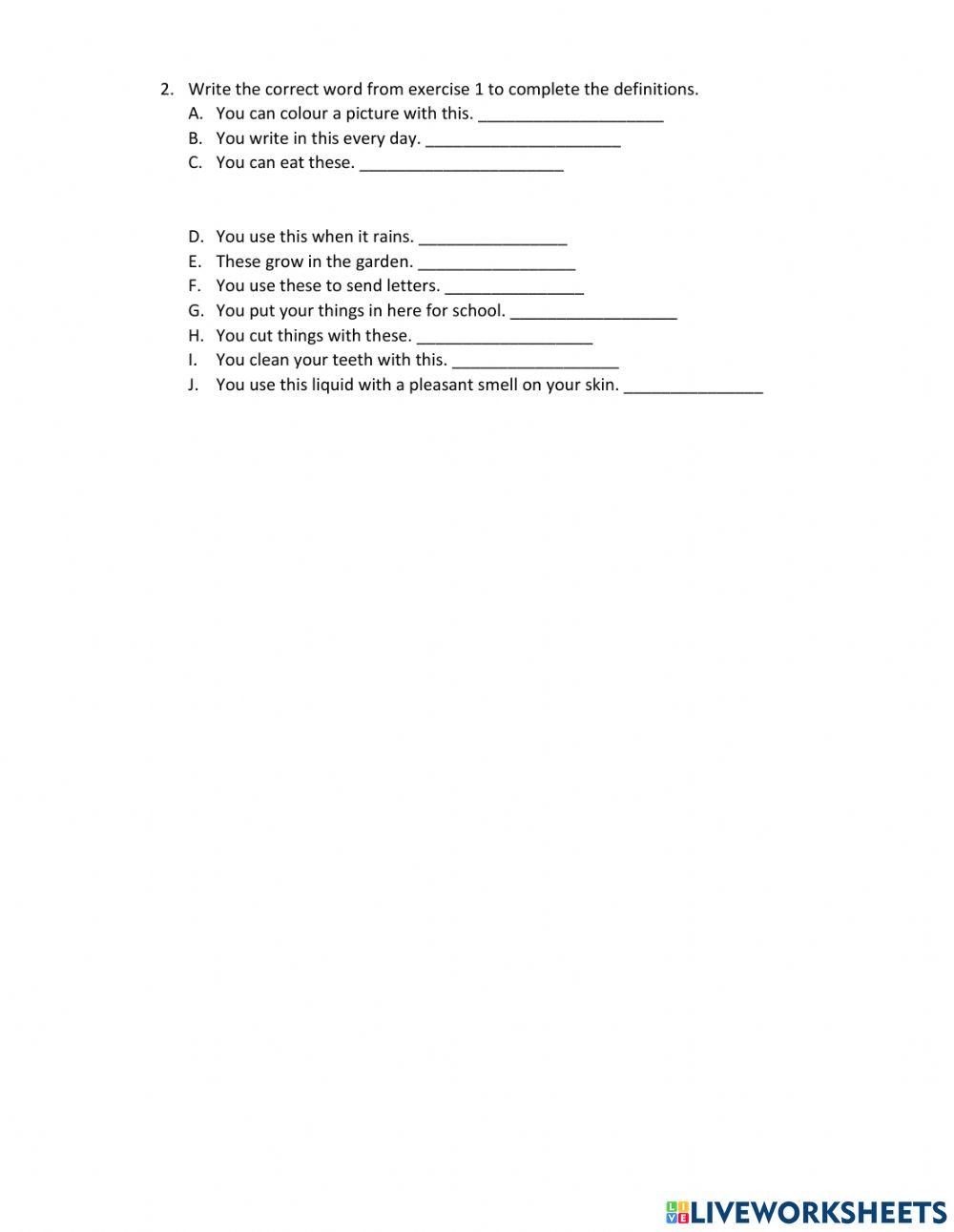 Shoppping list vocabulary