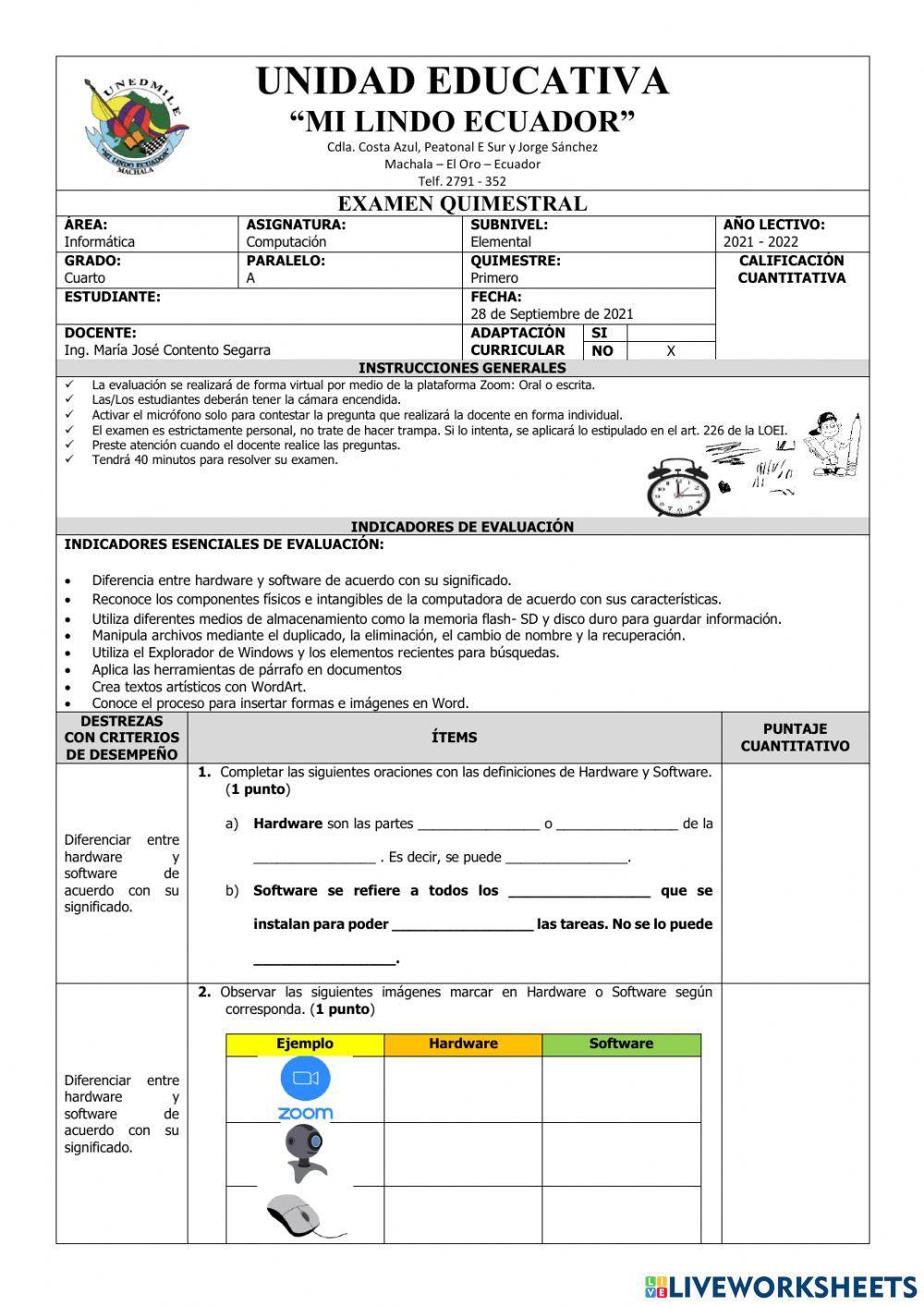 Examen del Primer Quimestre de Computación de Cuarto Grado