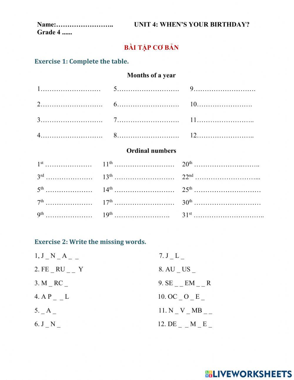 Date & months of the year