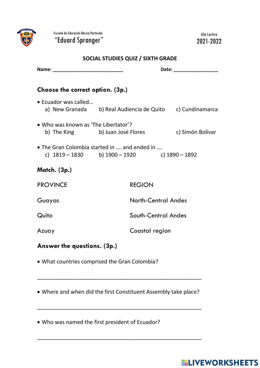 Quiz - social studies - gran colombia