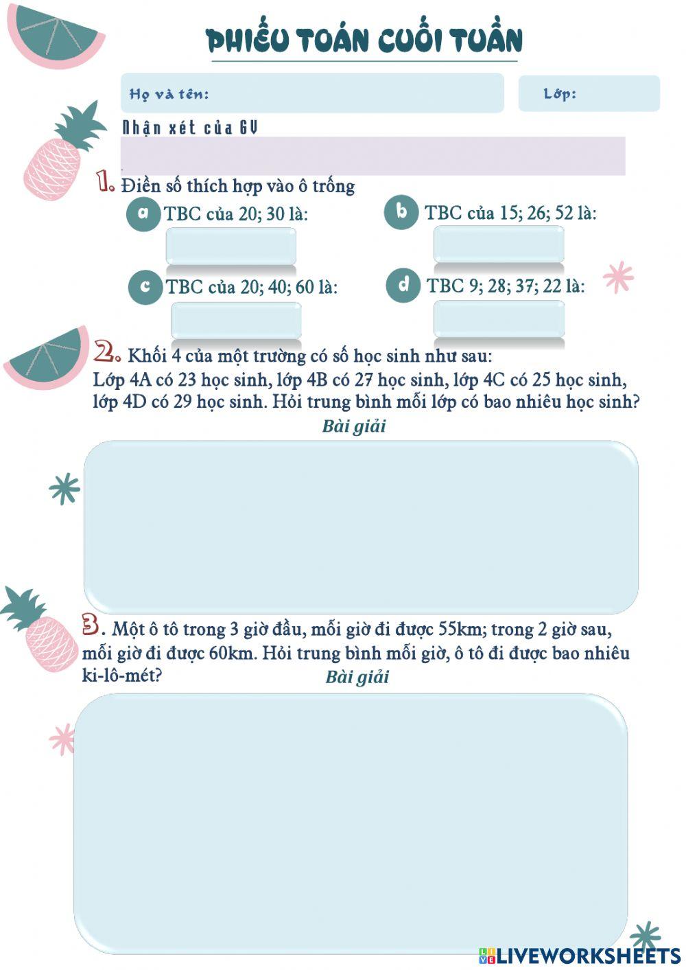 Phiếu Toán cuối tuần