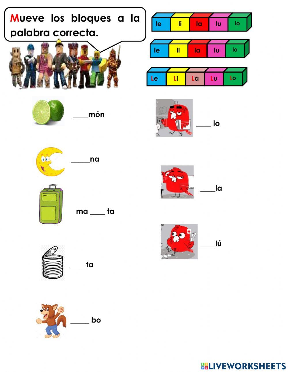 Formar palabras completando sílabas palabras l extras