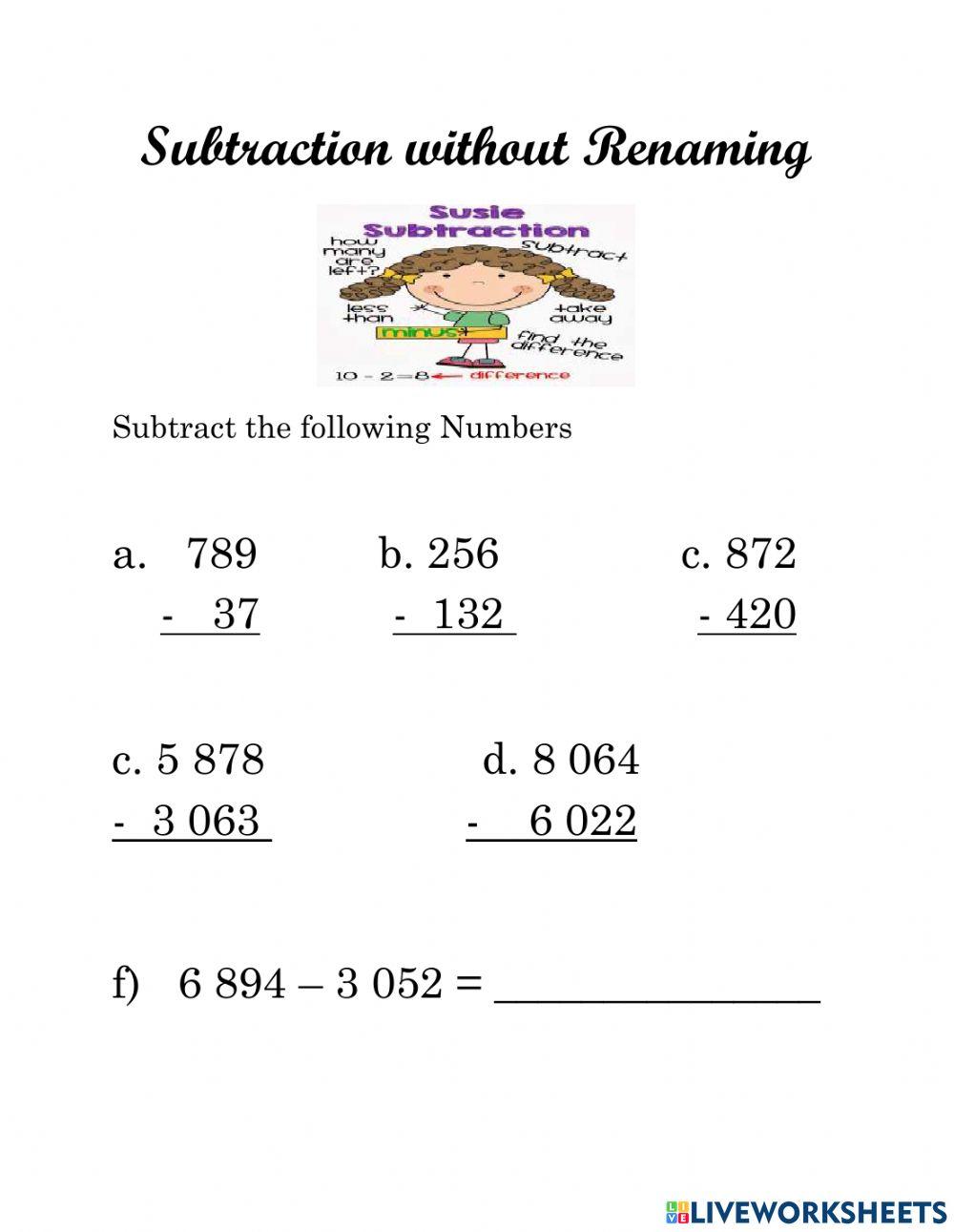 Subtraction without Renaming Computation worksheet | Live Worksheets