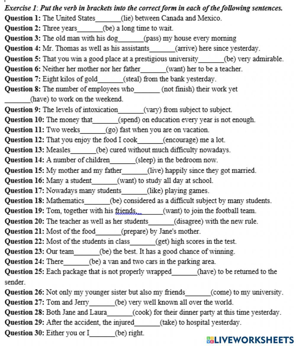 Subject and verb agreement online pdf worksheet | Live Worksheets
