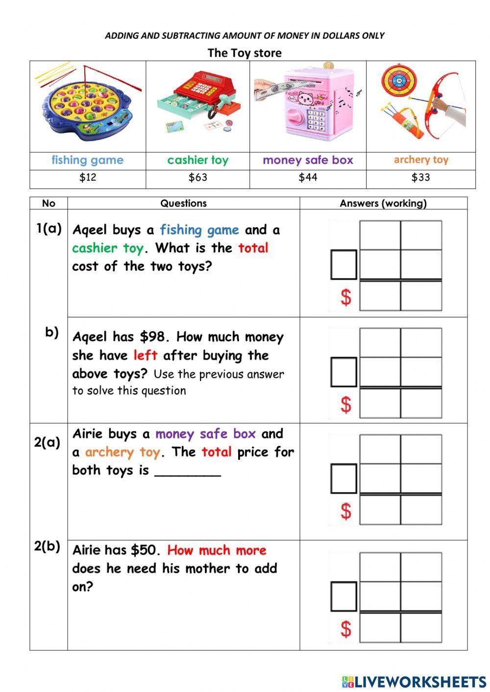 Adding and subtracting amount of money in dollars only online exercise ...