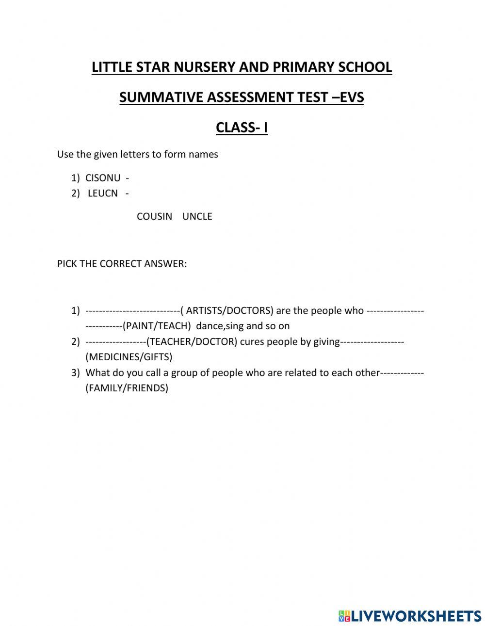 Assesment question interactive activity | Live Worksheets