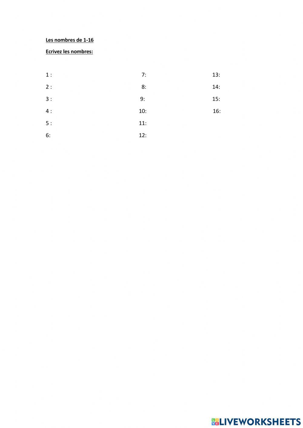 Les nombres 1-16