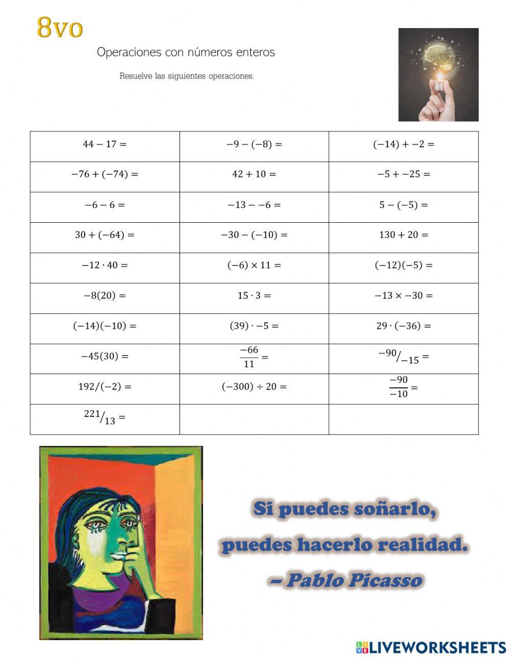 Suma, Resta, Multiplicación y División de enteros