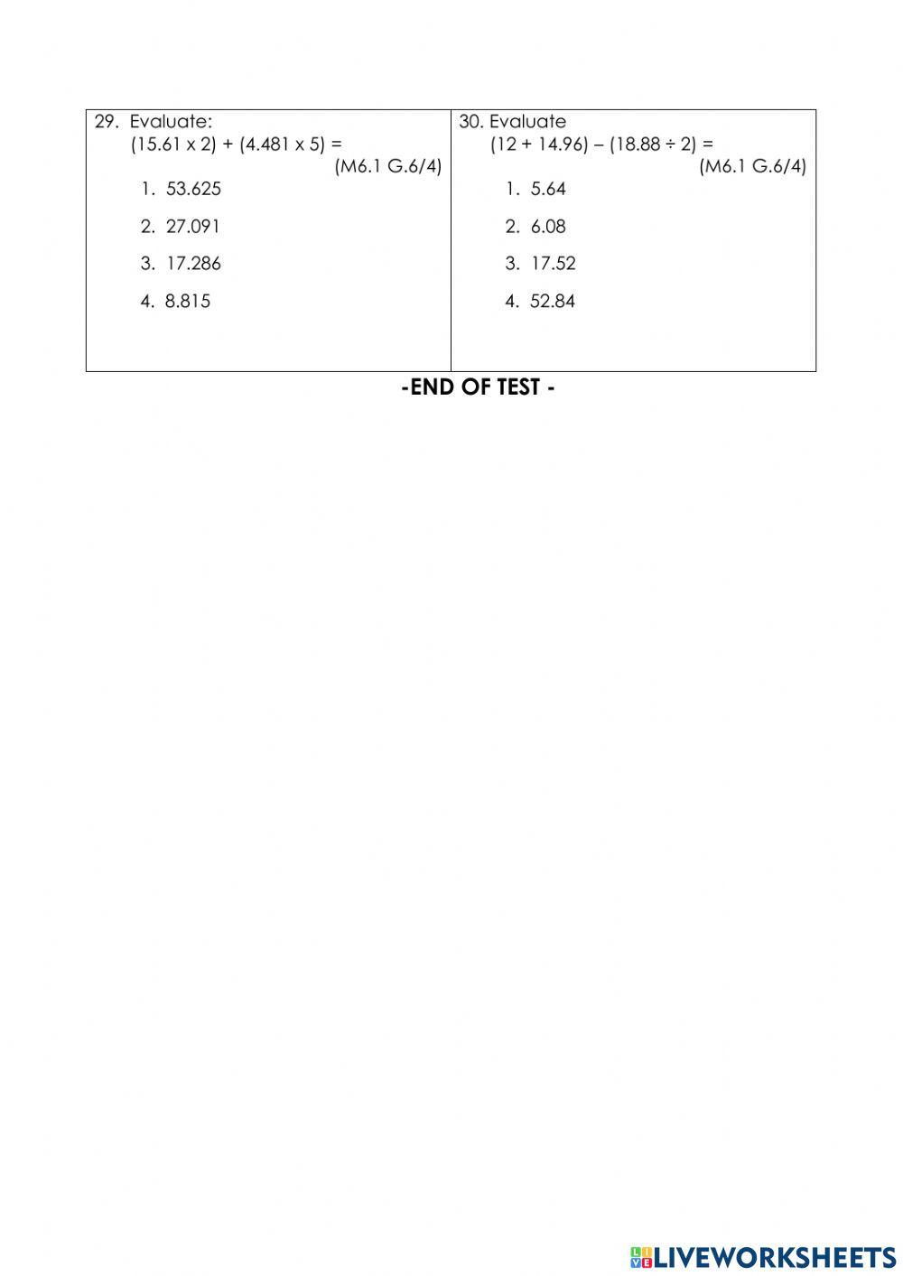 Math 6 1st term Final Test 2021