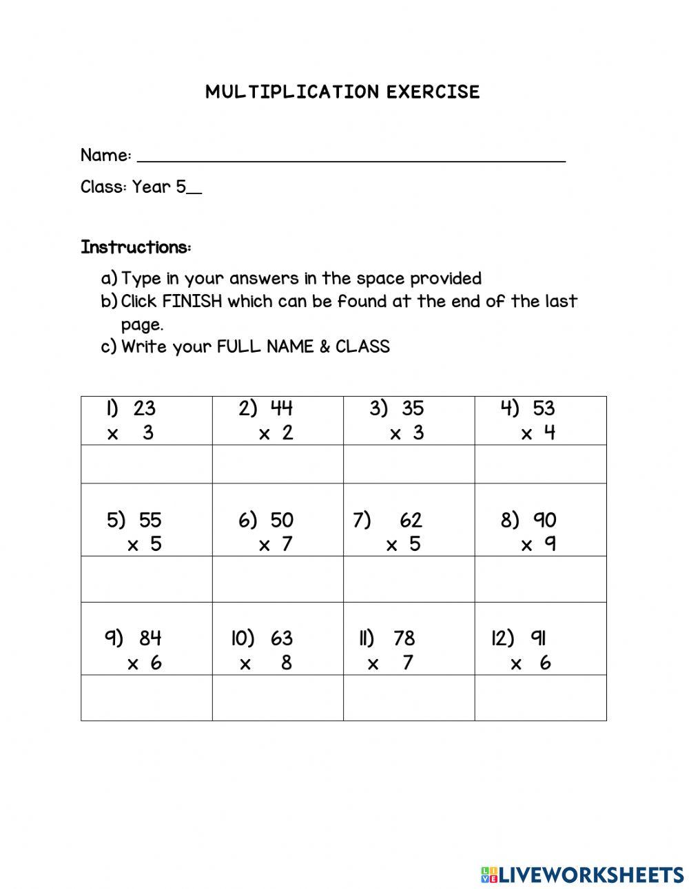 Multiplication Exercise A