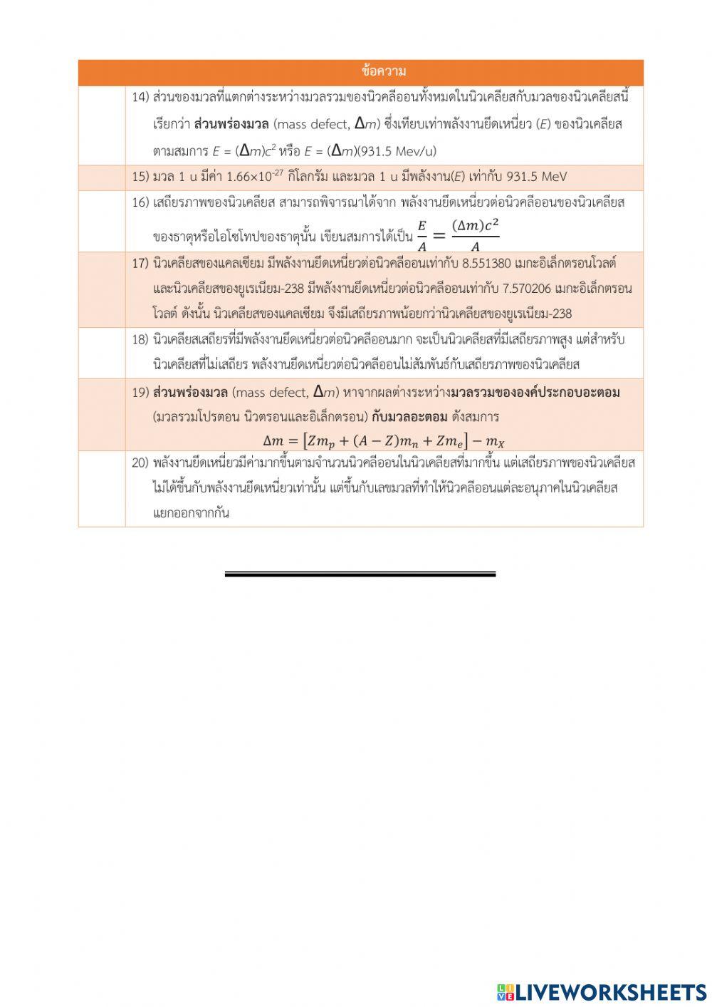 ใบกิจกรรมเสถียรภาพของนิวเคลียส