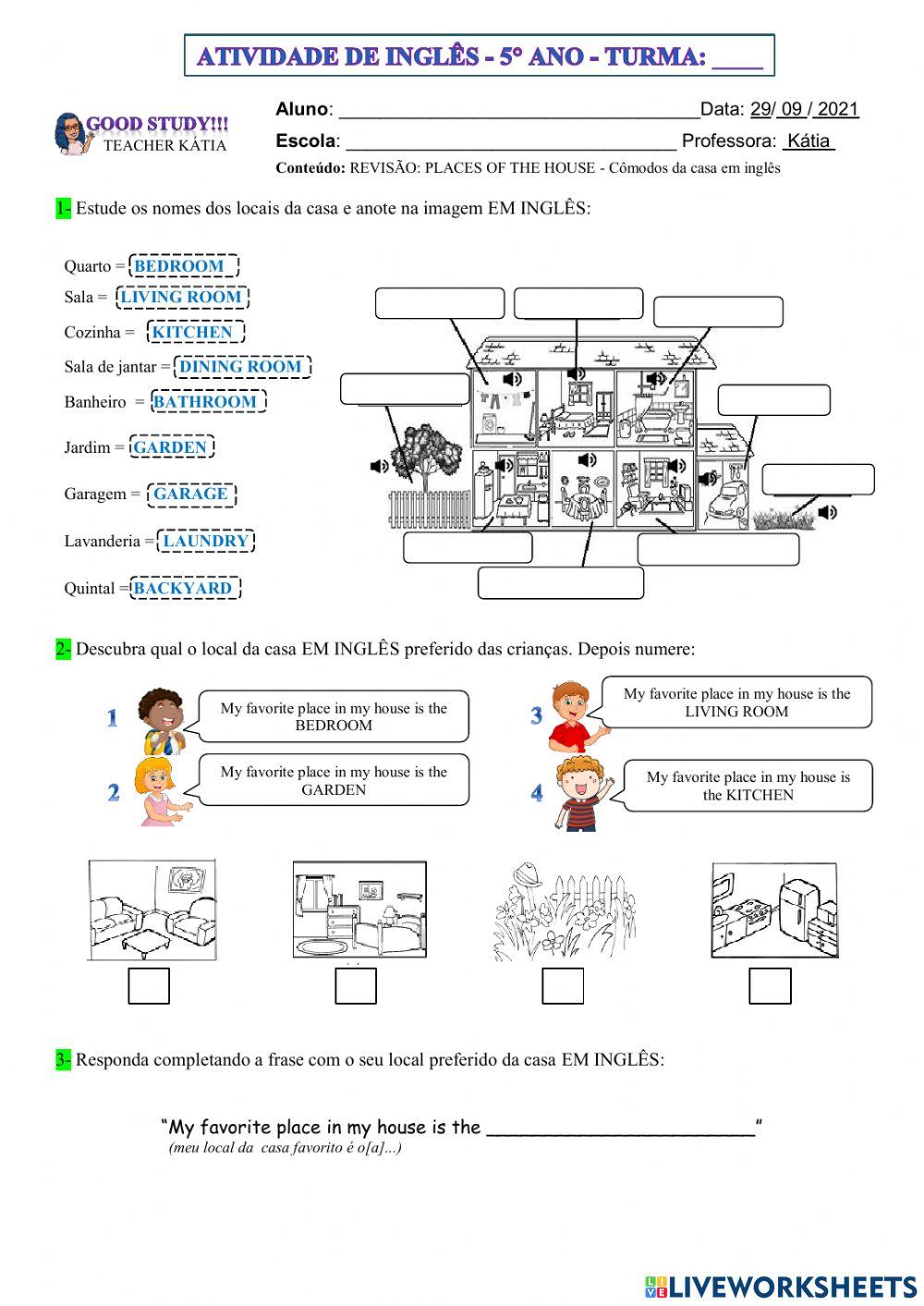 5° ano - INGLÊS - places of house- 29-09-21