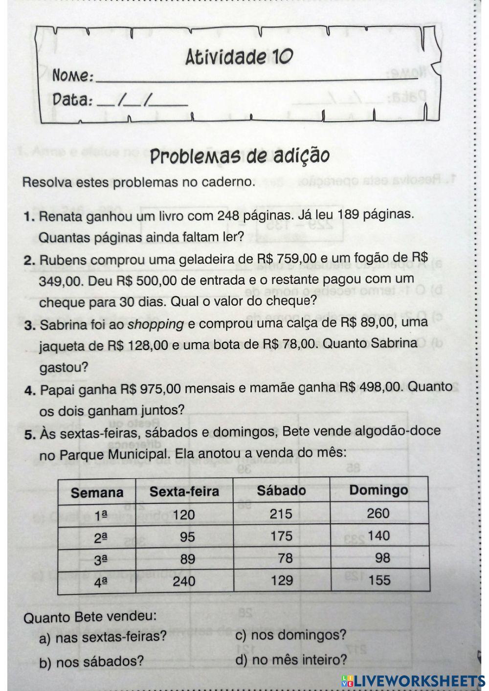 Problemas de adição