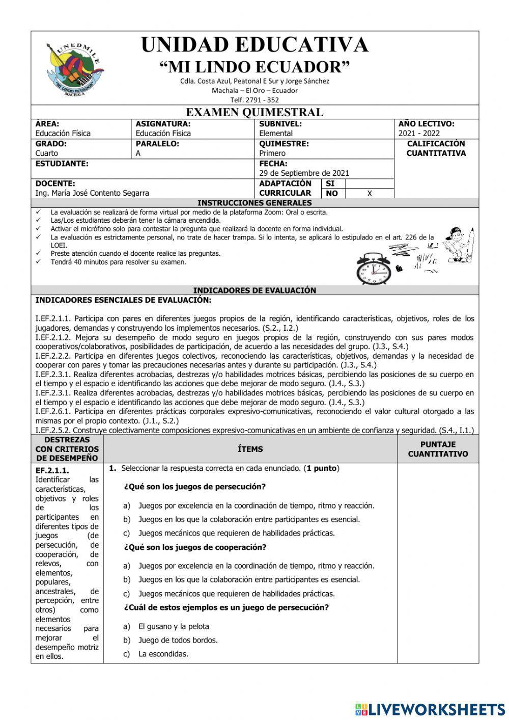 Examen del Primer Quimestre de Educación Física de Cuarto Grado